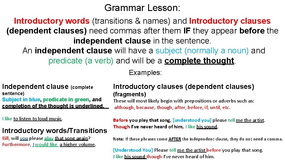 Grammar Lesson: Introductory words (transitions & names) and Introductory clauses (dependent clauses) need commas