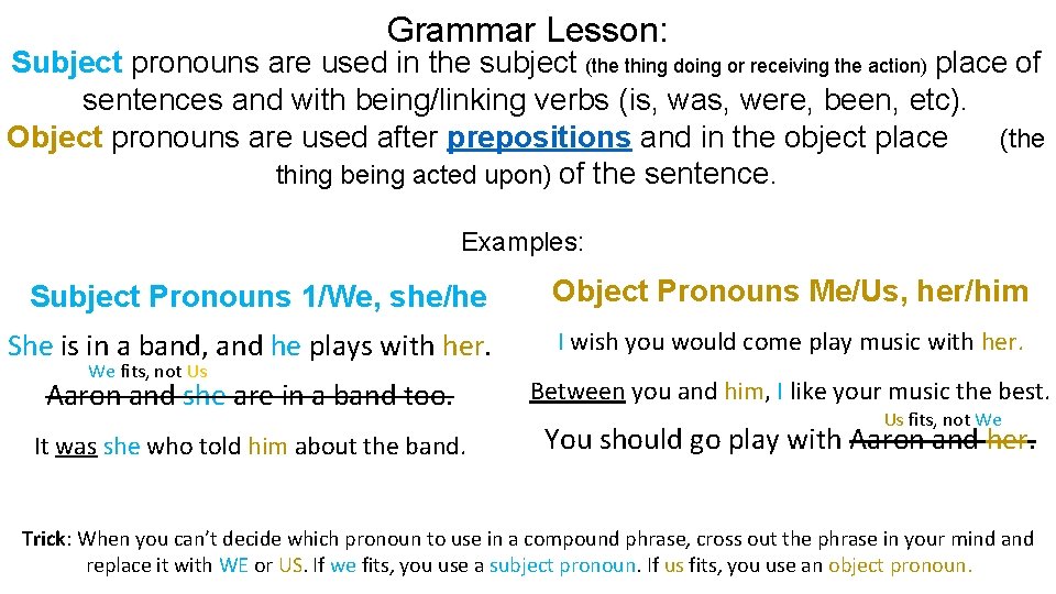 Grammar Lesson: Subject pronouns are used in the subject (the thing doing or receiving