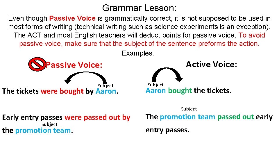 Grammar Lesson: Even though Passive Voice is grammatically correct, it is not supposed to