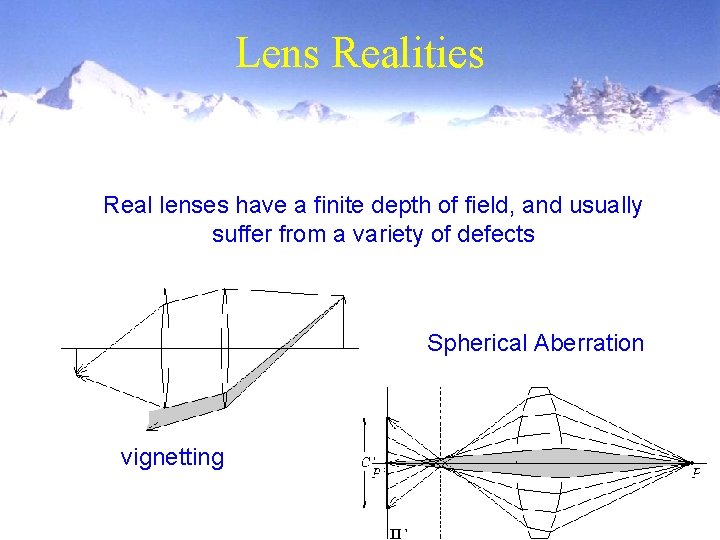 Lens Realities Real lenses have a finite depth of field, and usually suffer from Lens Realities Real lenses have a finite depth of field, and usually suffer from