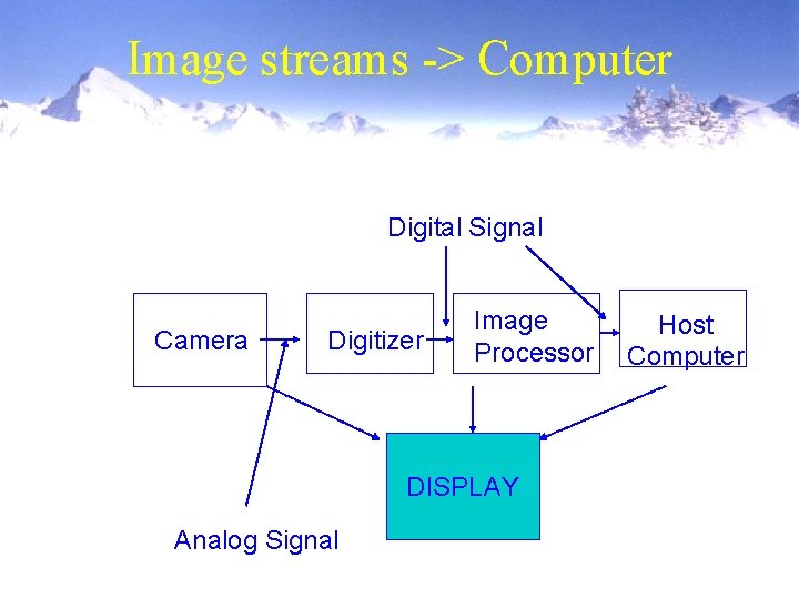 Image streams -> Computer Digital Signal Camera Digitizer Image Processor DISPLAY Analog Signal Host Image streams -> Computer Digital Signal Camera Digitizer Image Processor DISPLAY Analog Signal Host