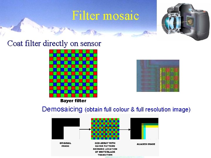 Filter mosaic Coat filter directly on sensor Demosaicing (obtain full colour & full resolution Filter mosaic Coat filter directly on sensor Demosaicing (obtain full colour & full resolution