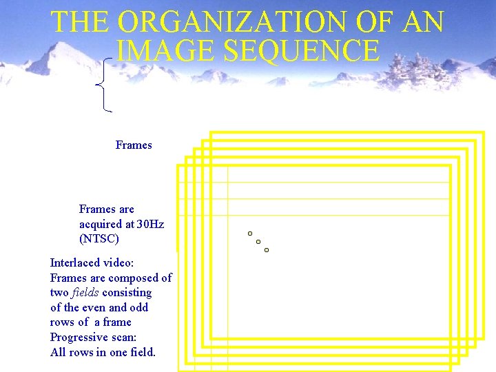 THE ORGANIZATION OF AN IMAGE SEQUENCE Frames are acquired at 30 Hz (NTSC) Interlaced THE ORGANIZATION OF AN IMAGE SEQUENCE Frames are acquired at 30 Hz (NTSC) Interlaced