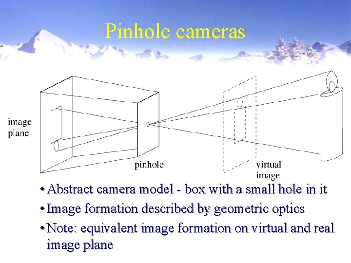 Pinhole cameras • Abstract camera model - box with a small hole in it Pinhole cameras • Abstract camera model - box with a small hole in it