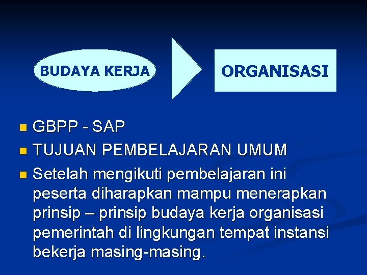 BUDAYA KERJA ORGANISASI GBPP - SAP n TUJUAN PEMBELAJARAN UMUM n Setelah mengikuti pembelajaran