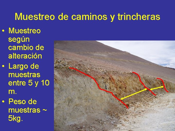 Muestreo de caminos y trincheras • Muestreo según cambio de alteración • Largo de