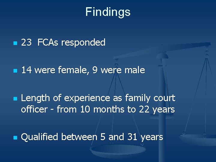 Findings n 23 FCAs responded n 14 were female, 9 were male n n