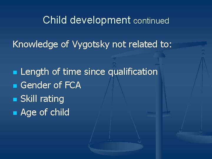 Child development continued Knowledge of Vygotsky not related to: n n Length of time