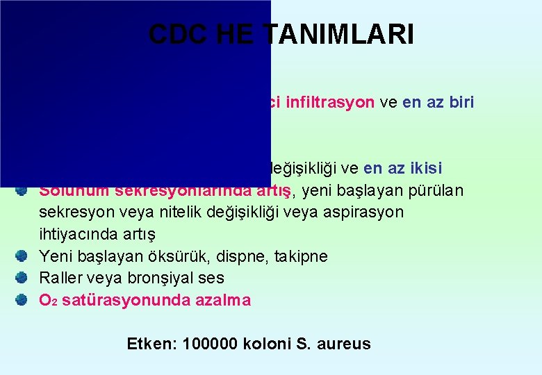 CDC HE TANIMLARI Pnömoni (PNÖM): PNÖ 1 Akciğer grafisinde yeni/ilerleyici infiltrasyon ve en az