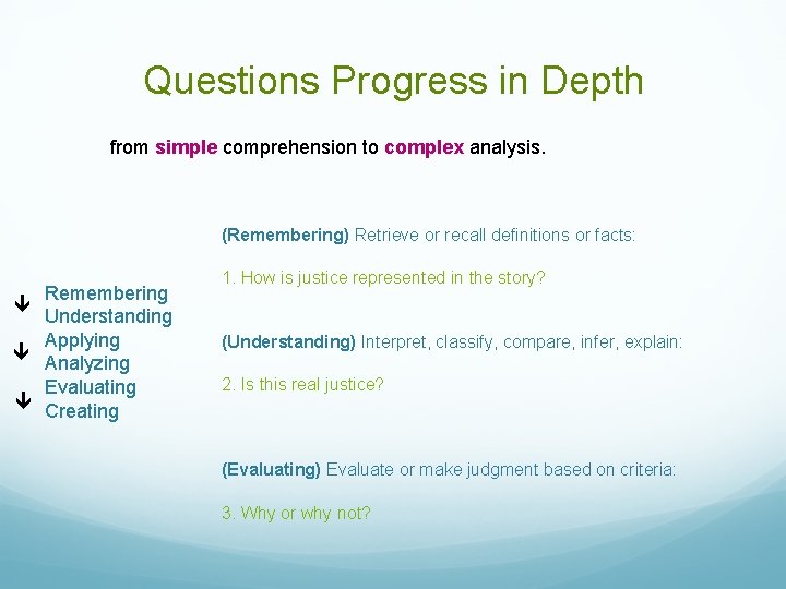 Questions Progress in Depth from simple comprehension to complex analysis. (Remembering) Retrieve or recall