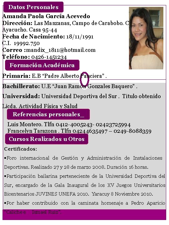Datos Personales Amanda Paola García Acevedo Dirección: Las Manzanas, Campo de Carabobo. Calle Ayacucho.