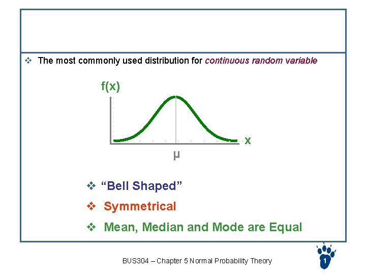 Normal Distribution v The most commonly used distribution for continuous random variable f(x) μ