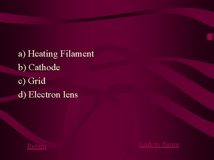 a) Heating Filament b) Cathode c) Grid d) Electron lens Return Link to figure