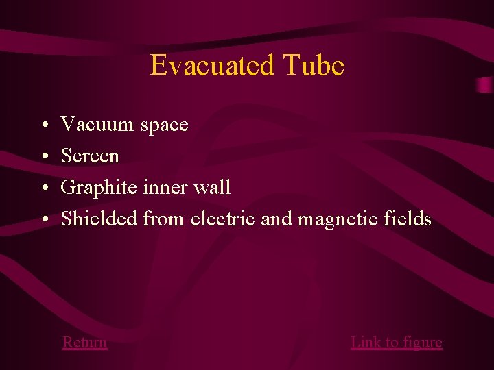 Evacuated Tube • • Vacuum space Screen Graphite inner wall Shielded from electric and