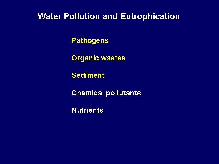 Water Pollution and Eutrophication Pathogens Organic wastes Sediment Chemical pollutants Nutrients 