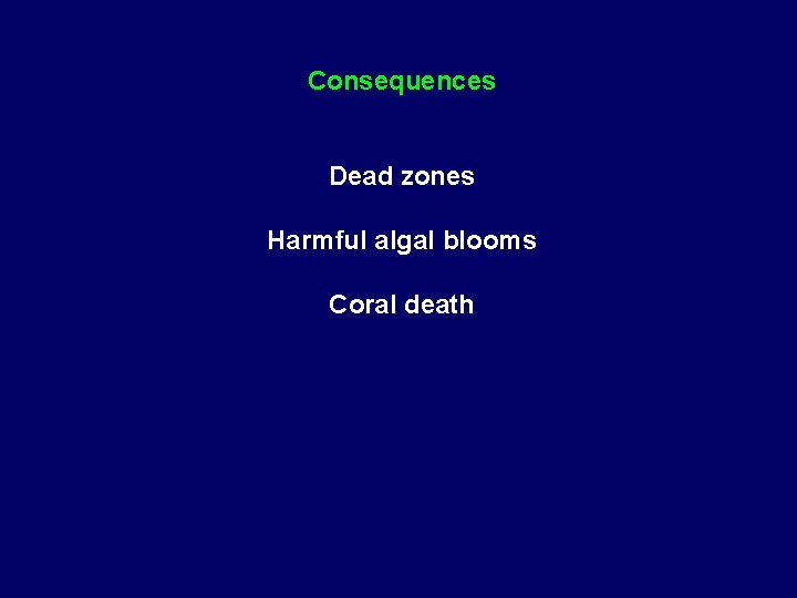 Consequences Dead zones Harmful algal blooms Coral death 
