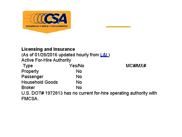 Licensing and Insurance (As of 01/28/2016 updated hourly from L&I ) Active For-Hire Authority Licensing and Insurance (As of 01/28/2016 updated hourly from L&I ) Active For-Hire Authority