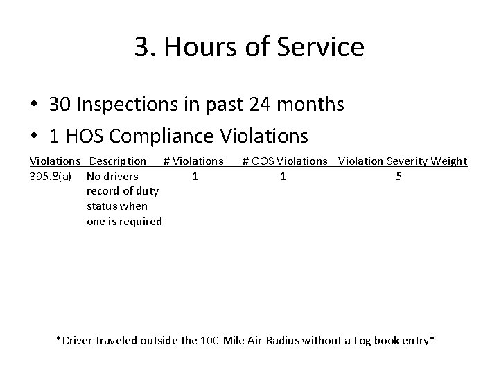 3. Hours of Service • 30 Inspections in past 24 months • 1 HOS 3. Hours of Service • 30 Inspections in past 24 months • 1 HOS