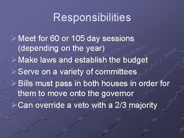 Responsibilities Ø Meet for 60 or 105 day sessions (depending on the year) Ø Responsibilities Ø Meet for 60 or 105 day sessions (depending on the year) Ø