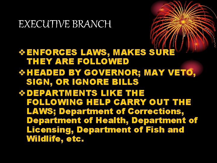 EXECUTIVE BRANCH v ENFORCES LAWS, MAKES SURE THEY ARE FOLLOWED v HEADED BY GOVERNOR; EXECUTIVE BRANCH v ENFORCES LAWS, MAKES SURE THEY ARE FOLLOWED v HEADED BY GOVERNOR;