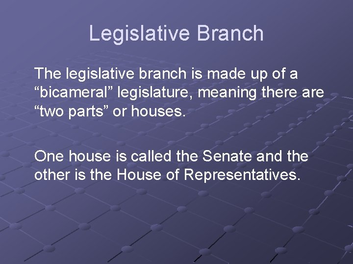 Legislative Branch The legislative branch is made up of a “bicameral” legislature, meaning there Legislative Branch The legislative branch is made up of a “bicameral” legislature, meaning there