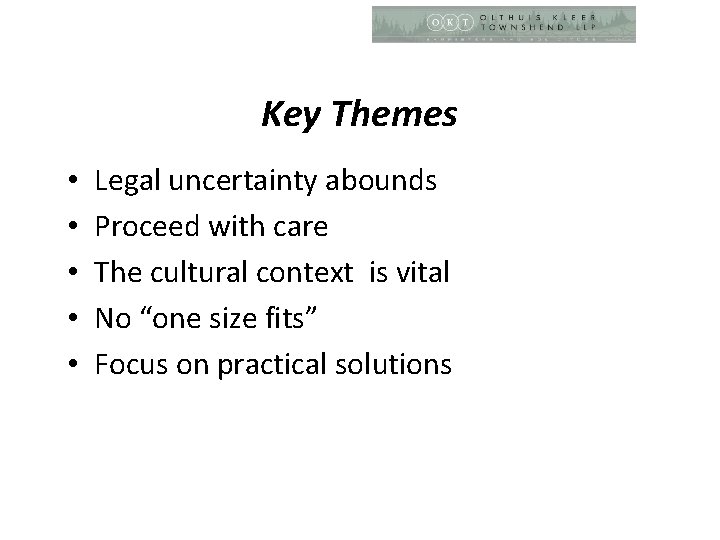 Key Themes • • • Legal uncertainty abounds Proceed with care The cultural context