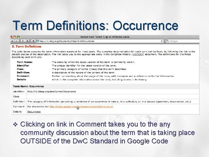 Term Definitions: Occurrence v Clicking on link in Comment takes you to the any
