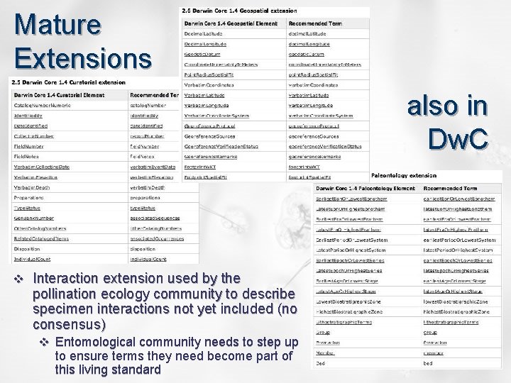 Mature Extensions also in Dw. C v Interaction extension used by the pollination ecology