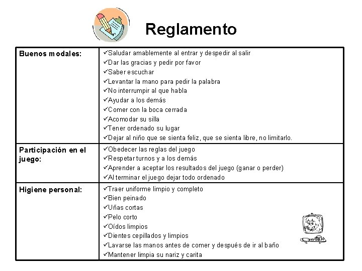 Reglamento Buenos modales: üSaludar amablemente al entrar y despedir al salir üDar las gracias