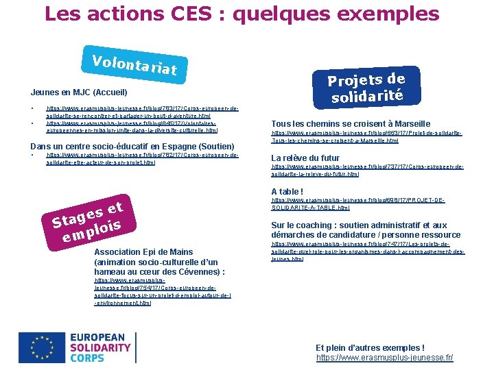  Les actions CES : quelques exemples Volonta riat Projets de solidarité Jeunes en