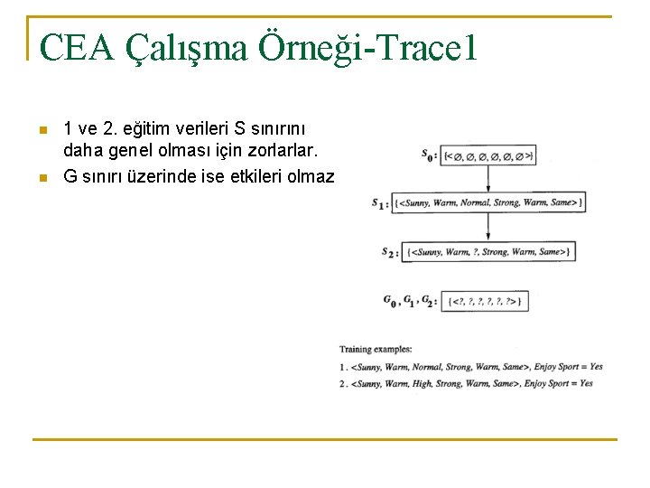 CEA Çalışma Örneği-Trace 1 n n 1 ve 2. eğitim verileri S sınırını daha