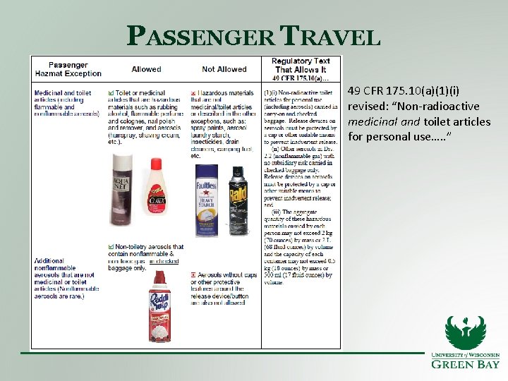 PASSENGER TRAVEL 49 CFR 175. 10(a)(1)(i) revised: “Non-radioactive medicinal and toilet articles for personal
