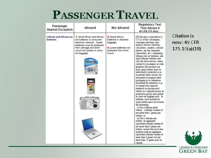 PASSENGER TRAVEL Citation is now: 49 CFR 175. 10(a)(18) 