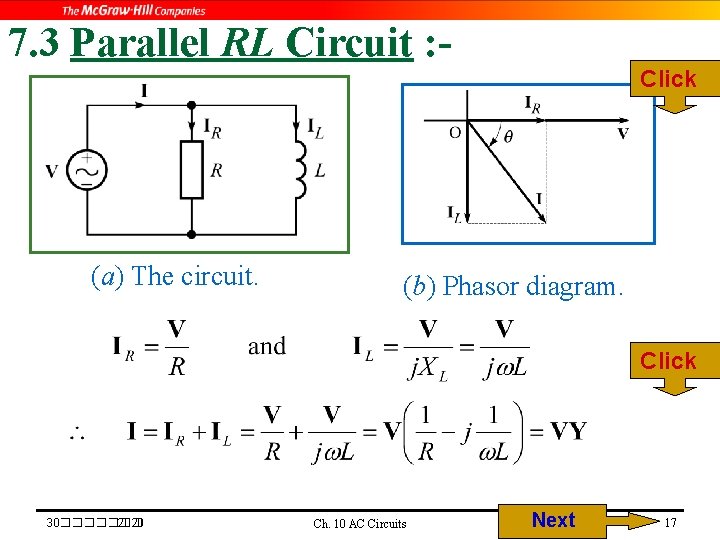 7. 3 Parallel RL Circuit : - (a) The circuit. Click (b) Phasor diagram.