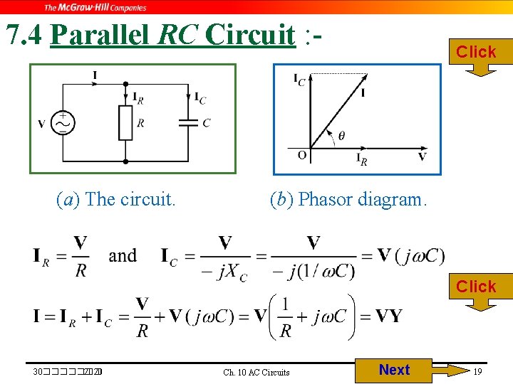 7. 4 Parallel RC Circuit : - (a) The circuit. Click (b) Phasor diagram.