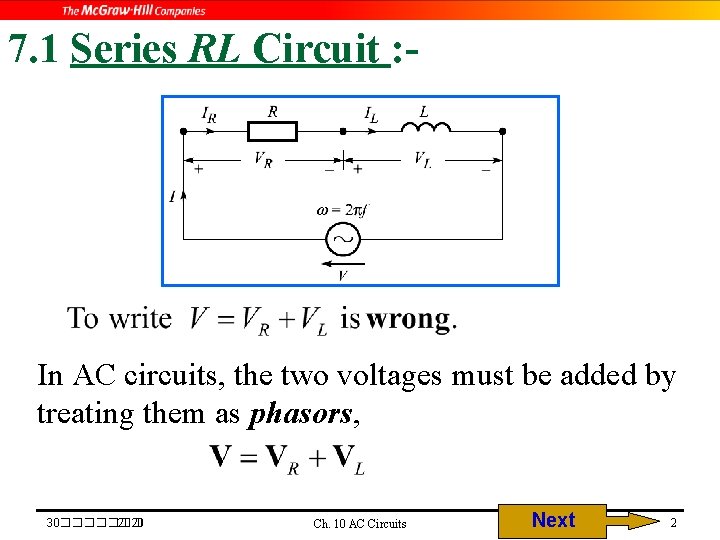 7. 1 Series RL Circuit : - In AC circuits, the two voltages must