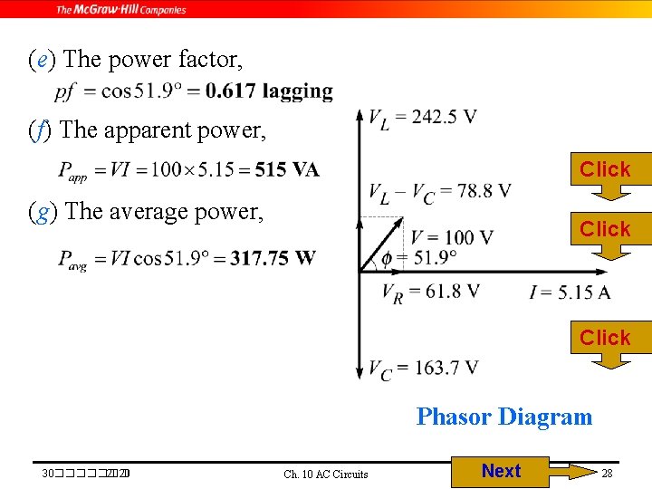 (e) The power factor, (f) The apparent power, Click (g) The average power, Click