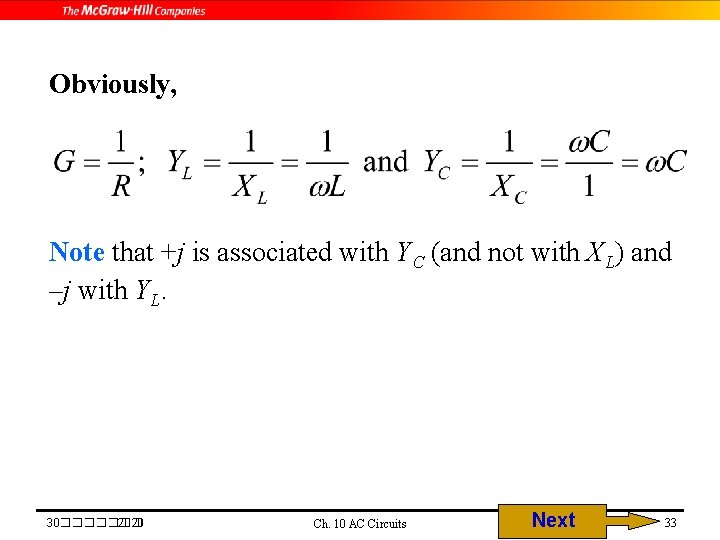 Obviously, Note that +j is associated with YC (and not with XL) and –j