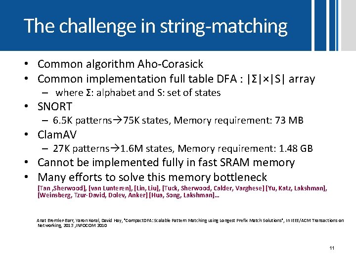 The challenge in string-matching • Common algorithm Aho-Corasick • Common implementation full table DFA The challenge in string-matching • Common algorithm Aho-Corasick • Common implementation full table DFA