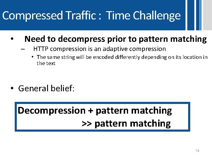 Compressed Traffic : Time Challenge • Need to decompress prior to pattern matching – Compressed Traffic : Time Challenge • Need to decompress prior to pattern matching –