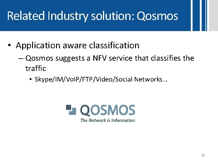 Related Industry solution: Qosmos • Application aware classification – Qosmos suggests a NFV service Related Industry solution: Qosmos • Application aware classification – Qosmos suggests a NFV service