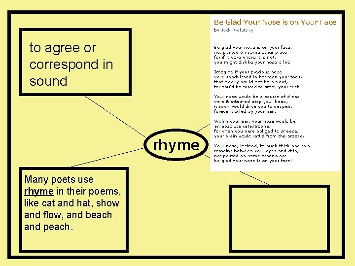 to agree or correspond in sound rhyme Many poets use rhyme in their poems,
