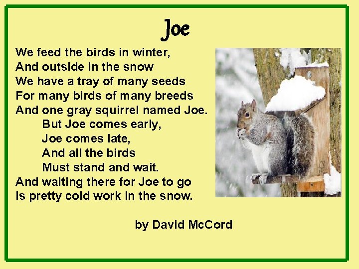 Joe We feed the birds in winter, And outside in the snow We have