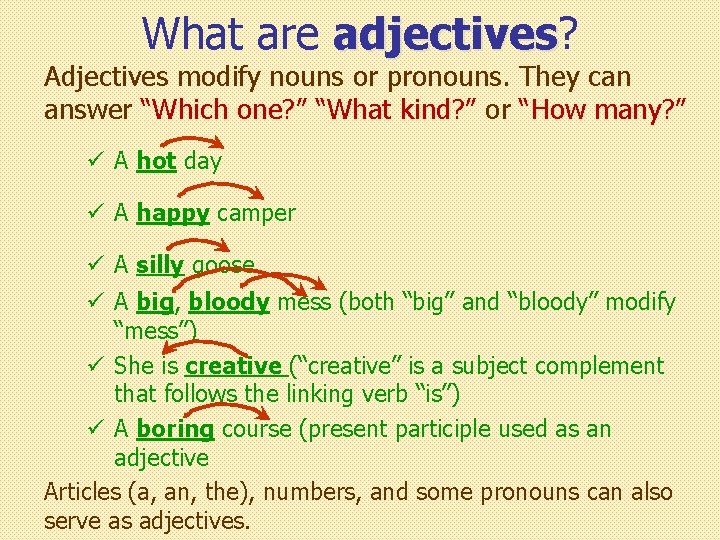 What are adjectives? adjectives Adjectives modify nouns or pronouns. They can answer “Which one?