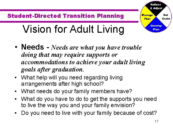 Student-Directed Transition Planning Vision for Adult Living • Needs - Needs are what you