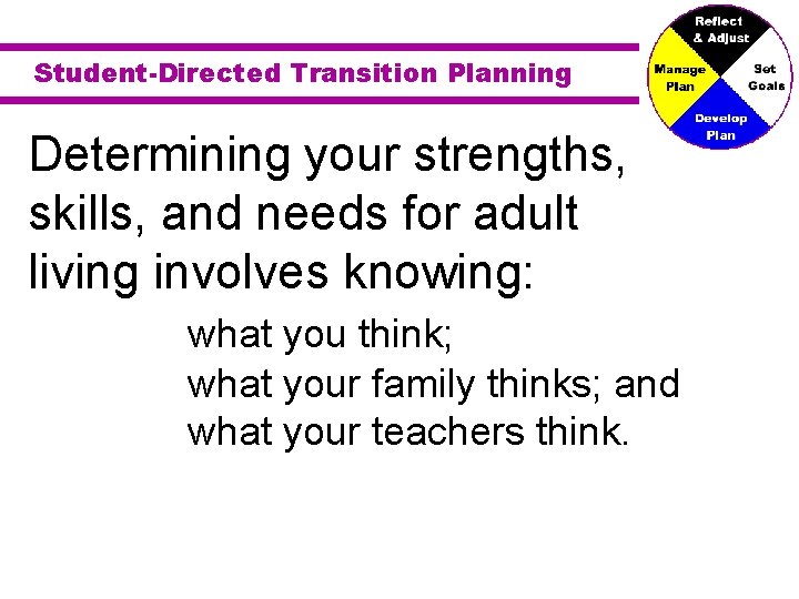 Student-Directed Transition Planning Determining your strengths, skills, and needs for adult living involves knowing: