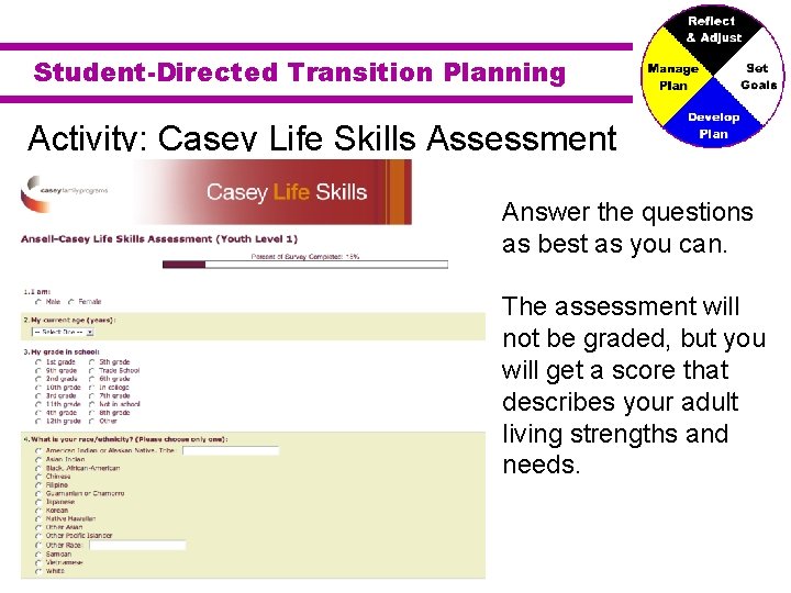 Student-Directed Transition Planning Activity: Casey Life Skills Assessment Answer the questions as best as
