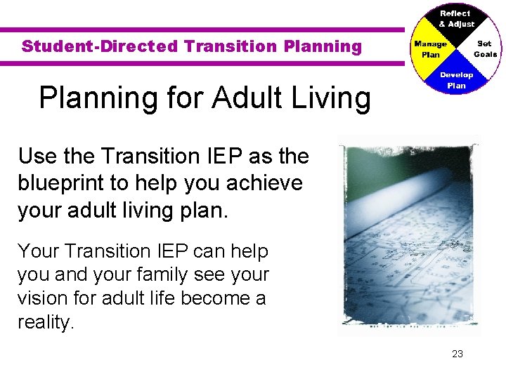 Student-Directed Transition Planning for Adult Living Use the Transition IEP as the blueprint to