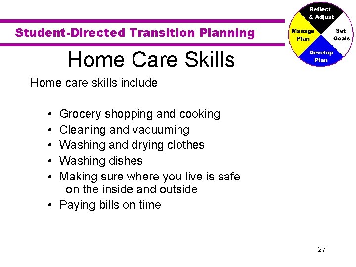 Student-Directed Transition Planning Home Care Skills Home care skills include • • • Grocery