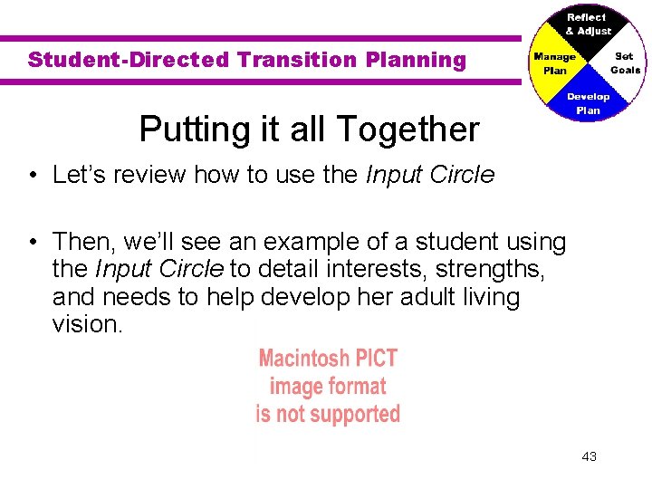 Student-Directed Transition Planning Putting it all Together • Let’s review how to use the